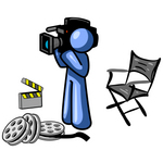 Clip Art Graphic of a Blue Guy Character With Film Reels, A Clapboard And Director’s Chair, Filming A Movie