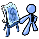 Clip Art Graphic of a Blue Guy Character Giving A Financial Presentation