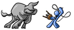 Clip Art Graphic of a Blue Guy Character Figint A Bull With A Stool And Whip