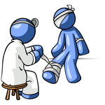 Clip Art Graphic of a Blue Guy Character Getting Bandaged By A Doctor