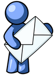 Clip Art Graphic of a Blue Guy Character Holding An Envelope