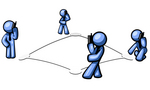 Clip Art Graphic of Blue Guy Characters On Bases, Talking On Cell Phones