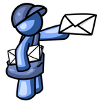 Clip Art Graphic of a Blue Guy Character Mailman Delivering A Letter