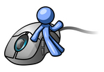 Clip Art Graphic of a Blue Guy Character Leaning Against A Computer Mouse And Waving