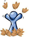 Clip Art Graphic of a Blue Guy Character Playing In Fall Leaves, Throwing Them Up In The Air On A Happy, Carefree Autumn Day