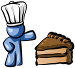 Clip Art Graphic of a Blue Guy Character Wearing A Chefs Hat And Showing Off A Tasty Frosted Slice Of Chocolate Cake