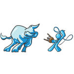 Clip Art Graphic of a Sky Blue Guy Character Battling a Bull With a Whip