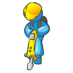Clip Art Graphic of a Sky Blue Guy Character Operating a Yellow Jackhammer