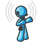 Clip Art Graphic of a Sky Blue Guy Character Speaking on a Headset With Waves