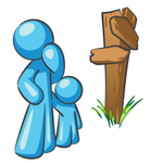 Clip Art Graphic of a Sky Blue Guy Character and Child at a Crossroads
