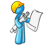 Clip Art Graphic of a Sky Blue Guy Character Holding Blueprints