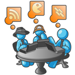 Clip Art Graphic of Sky Blue Guy Characters Working on Laptops at a Table
