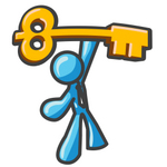 Clip Art Graphic of a Sky Blue Guy Character Holding up a Skeleton Key
