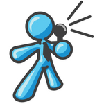 Clip Art Graphic of a Sky Blue Guy Character Speaking Through a Microphone