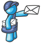 Clip Art Graphic of a Sky Blue Guy Character Delivering Mail