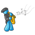 Clip Art Graphic of a Sky Blue Guy Character Playing Jazz With a Saxophone