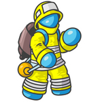 Clip Art Graphic of a Sky Blue Guy Character Fireman