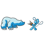 Clip Art Graphic of a Sky Blue Guy Character Taming a Bear With a Whip