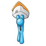 Clip Art Graphic of a Sky Blue Guy Character Holding up a House