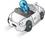 Clip Art Graphic of a Sky Blue Guy Character Driving and Talking on a Cell Phone