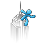 Clip Art Graphic of a Sky Blue Guy Character on Top of a Skyscraper