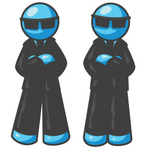 Clip Art Graphic of Sky Blue Guy Characters Wearing Shades and Guarding a Door