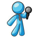 Clip Art Graphic of a Sky Blue Guy Character Holding a Microphone
