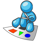Clip Art Graphic of a Sky Blue Guy Character Cutting Out Shapes