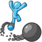 Clip Art Graphic of a Sky Blue Guy Character Breaking Free From a Chain and Ball