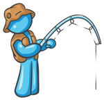 Clip Art Graphic of a Sky Blue Guy Character Fishing
