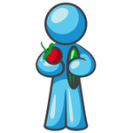 Clip Art Graphic of a Sky Blue Guy Character Holding Veggies