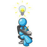 Clip Art Graphic of a Sky Blue Guy Character Writing Ideas Down