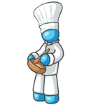 Clip Art Graphic of a Sky Blue Guy Character Chef Mixing Food in a Bowl