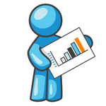 Clip Art Graphic of a Sky Blue Guy Character Holding a Bar Graph Chart
