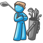 Clip Art Graphic of a Sky Blue Guy Character Golfing