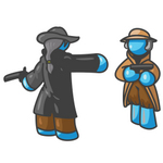 Clip Art Graphic of a Sky Blue Guy Character in a Duel