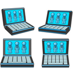 Clip Art Graphic of a Sky Blue Guy Character on Computer Screens