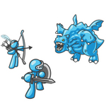 Clip Art Graphic of Sky Blue Guy Characters Killing a Dragon