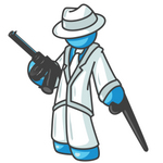 Clip Art Graphic of a Sky Blue Guy Character With a Can and Gun