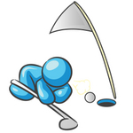 Clip Art Graphic of a Sky Blue Guy Character Trying to Blow a Golf Ball Into a Hole