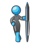 Clip Art Graphic of a Sky Blue Lady Character Standing With a Pen