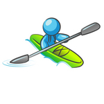 Clip Art Graphic of a Sky Blue Guy Character Kayaking
