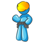 Clip Art Graphic of a Sky Blue Guy Character Wearing a Toolbelt and Waving