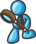 Clip Art Graphic of a Sky Blue Guy Character Kneeling and Using a Magnifying Glass