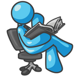 Clip Art Graphic of a Sky Blue Guy Character Reading in a Chair