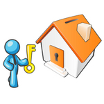 Clip Art Graphic of a Sky Blue Guy Character With a Key to a Home