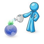 Clip Art Graphic of a Sky Blue Guy Character Watering a Globe