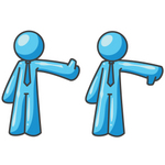 Clip Art Graphic of a Sky Blue Guy Character Giving Thumbs up and Down