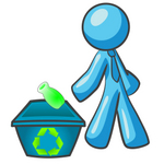 Clip Art Graphic of a Sky Blue Guy Character Tossing a Bottle Into a Recycling Bin