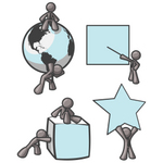 Clip Art Graphic of a Sky Blue Guy Character Pushing Shapes